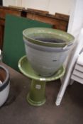 GREEN GLAZED TERRACOTTA BIRD BATH TOGETHER WITH TWO PLASTIC PLANT POTS (3)
