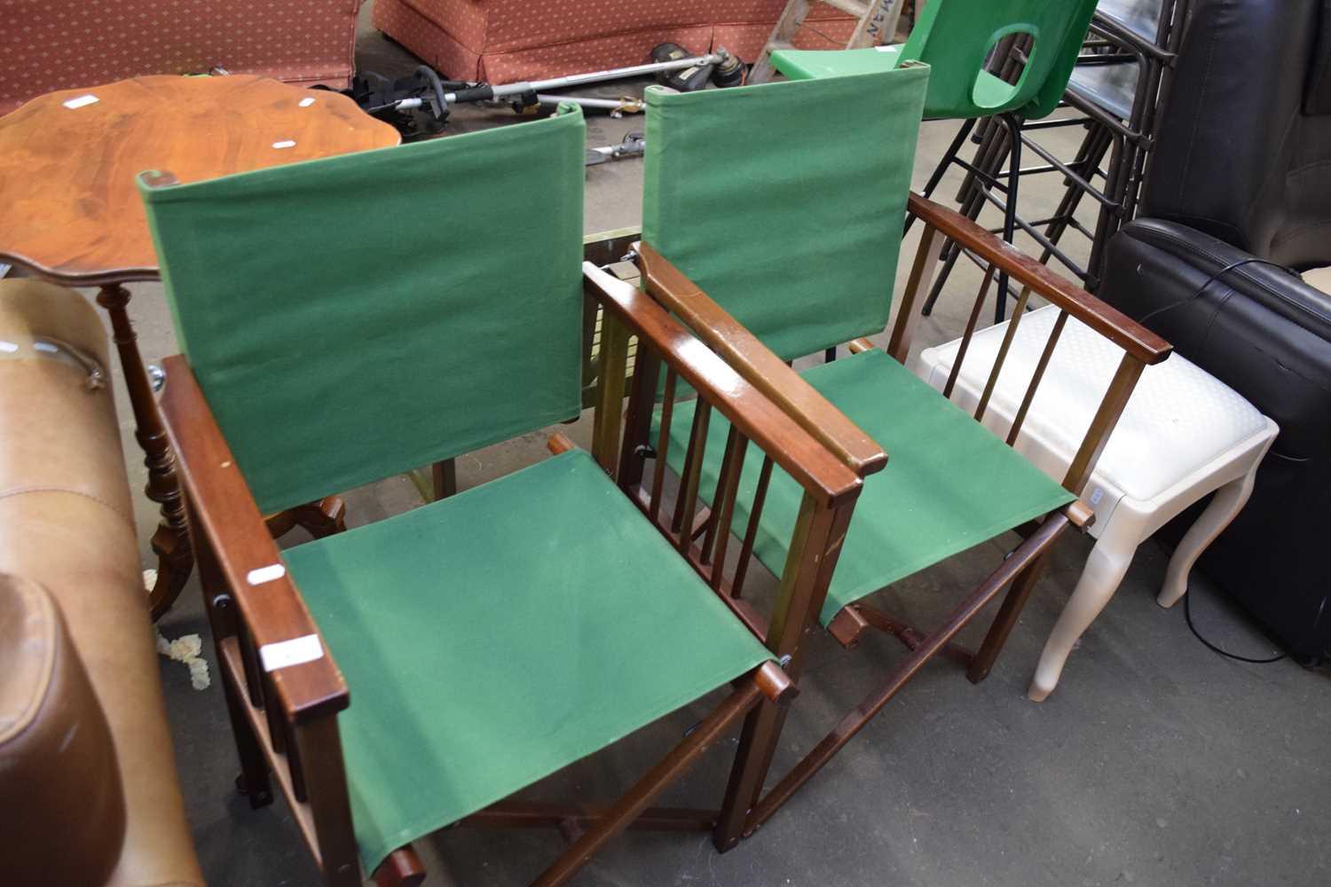 TWO HARDWOOD FRAMED AND GREEN FABRIC DIRECTORS STYLE CHAIRS