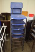 FIVE METAL FRAMED AND BLUE PLASTIC STACKING HIGH CHAIRS