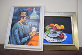 BEASLEY, TWO STUDIES, STILL LIFE OF FRUIT AND A MAN PLAYING CARDS, BOTH OIL ON BOARD, FRAMED (2)