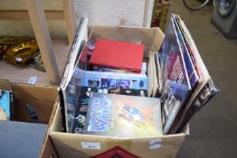 BOX CONTAINING VARIOUS DVDS, RECORDS ETC, MOST APPEAR DR WHO RELATED