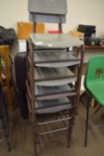 FOUR METAL FRAMED AND GREY PLASTIC STACKING HIGH CHAIRS