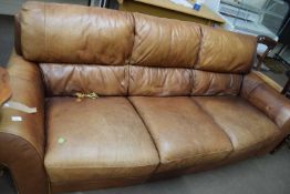 BROWN LEATHER THREE SEATER SOFA