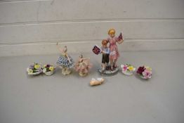 ROYAL DOULTON FIGURINE 'WELCOME HOME' PLUS VARIOUS SMALL CERAMIC MODELS OF FLOWERS, SMALL CARVED
