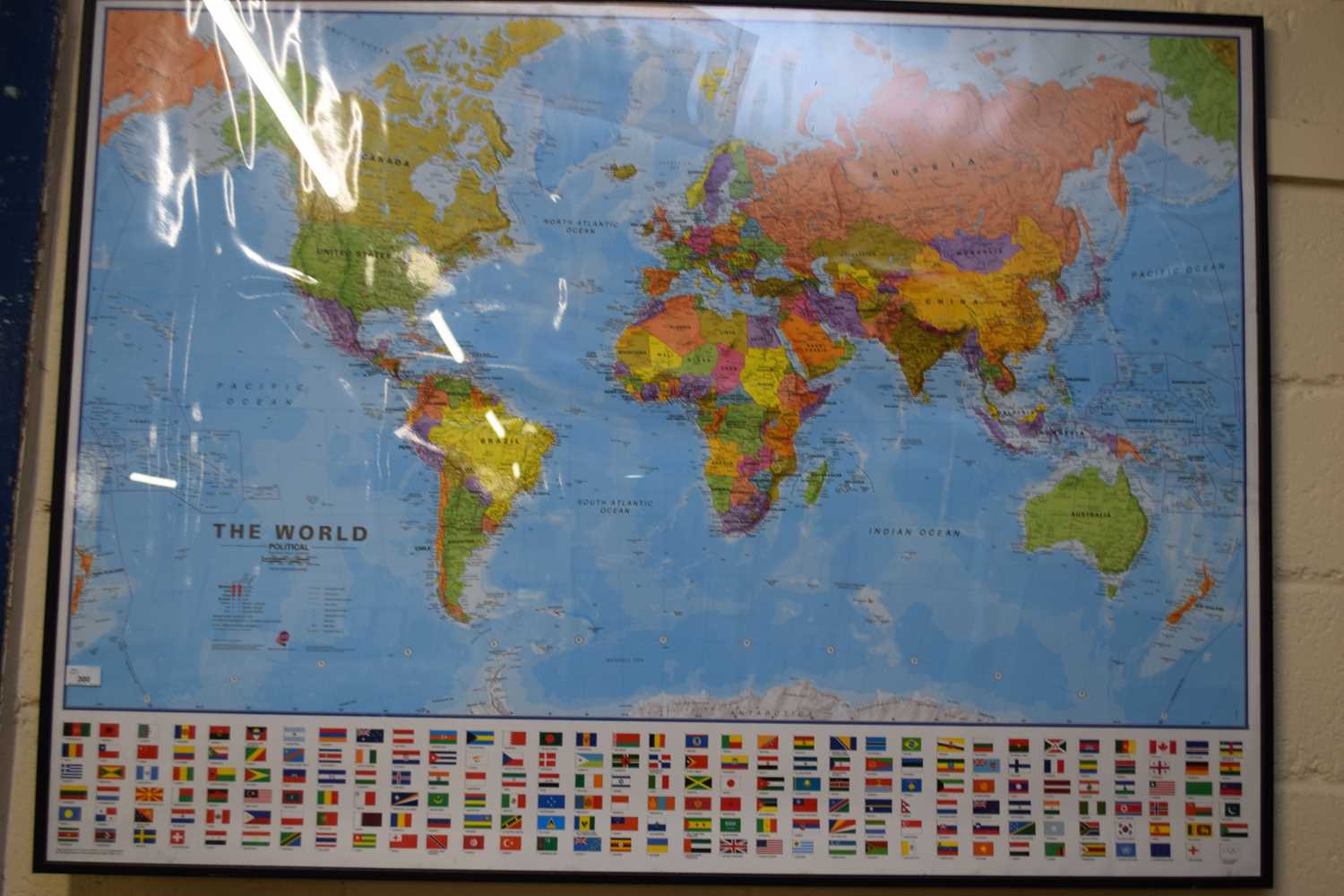 VERY LARGE FRAMED MAP OF THE WORLD, 137CM WIDE