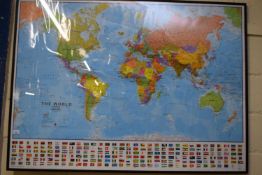 VERY LARGE FRAMED MAP OF THE WORLD, 137CM WIDE