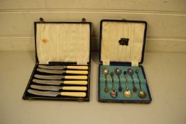 CASE OF BEAN END COFFEE SPOONS TOGETHER WITH A CASE OF DESSERT KNIVES