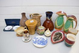 MIXED LOT VARIOUS CERAMICS TO INCLUDE PAIR OF MYOTT JUGS, VARIOUS DECORATED VASES, PRESERVE POT,