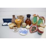 MIXED LOT VARIOUS CERAMICS TO INCLUDE PAIR OF MYOTT JUGS, VARIOUS DECORATED VASES, PRESERVE POT,