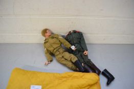 MIXED LOT TWO VINTAGE ACTION MEN WITH HAIR PLUS BAG VARIOUS ACCESSORIES