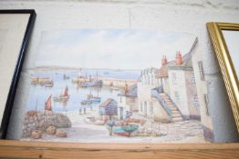 THOMAS HERBERT VICTOR, STUDY OF NEWLYN, CORNWALL, WATERCOLOUR, MOUNTED ON CARD BACK, UNFRAMED,