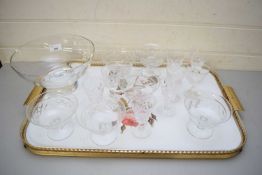 TRAY VARIOUS ASSORTED DRINKING GLASSES, GLASS SUNDAE DISHES ETC