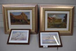 PAIR OF FRAMED STUDIES, FARM BUILDINGS, TOGETHER WITH TWO FRAMED PRINTS AFTER PETER STOCK (4)