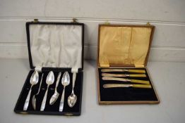 CASE OF SILVER PLATED GRAPE SPOONS AND SMALL CASE OF KNIVES (2)