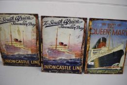 THREE REPRODUCTION METAL SHIPPING SIGNS TO INCLUDE QUEEN MARY AND UNION CASTLE