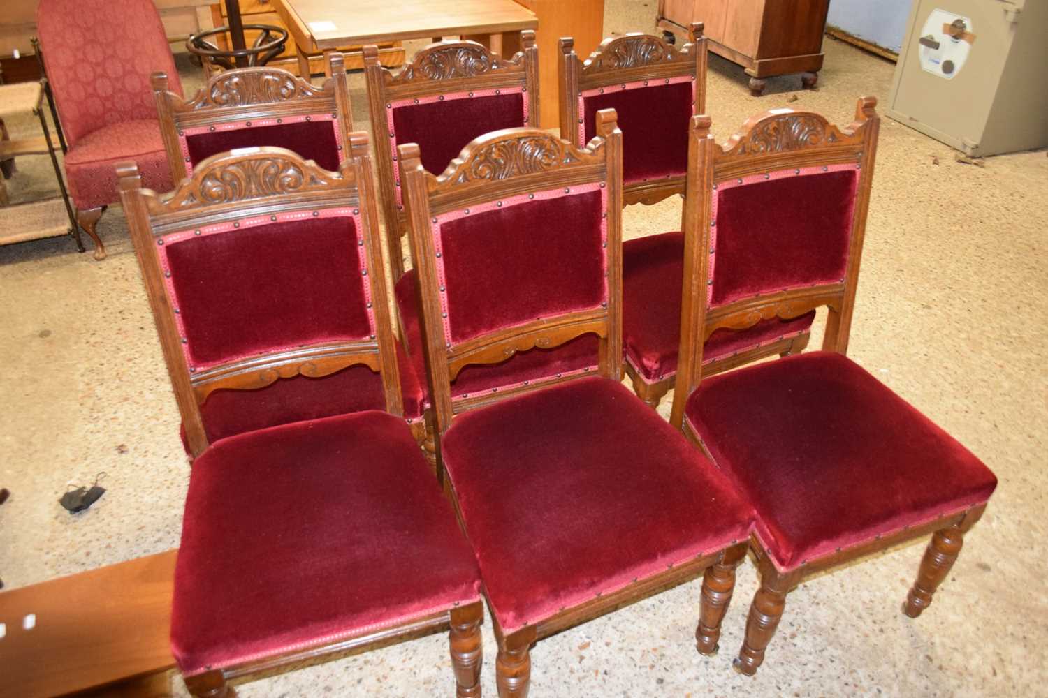 SET OF SIX LATE VICTORIAN RED UPHOLSTERED DINING CHAIRS
