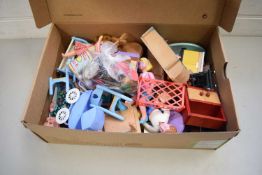 BOX VARIOUS DOLLS, DOLLS HOUSE FURNITURE AND ACCESSORIES