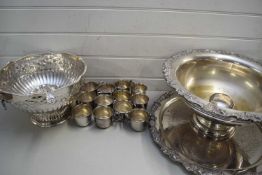 LARGE SILVER PLATED PUNCH BOWL WITH LADLE AND ACCOMPANYING TRAY, TOGETHER WITH A SMALLER PUNCH