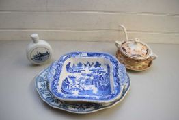 MIXED LOT BLUE AND WHITE MEAT PLATE, BLUE AND WHITE VEGETABLE DISH, SMALL SAUCE TUREEN AND STAND AND