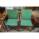 PAIR OF HARDWOOD FRAMED AND GREEN FABRIC UPHOLSTERED DIRECTORS STYLE CHAIRS