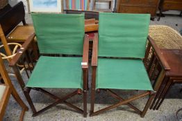 PAIR OF HARDWOOD FRAMED AND GREEN FABRIC UPHOLSTERED DIRECTORS STYLE CHAIRS