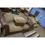 PAIR OF BROWN LEATHER AND FABRIC THREE SEATER SOFAS