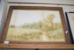 LATE 19TH/EARLY 20TH CENTURY SCHOOL, STUDY OF HAY RAKING NEAR WINDSOR CASTLE, WATERCOLOUR, FRAMED,