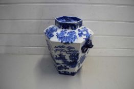 LARGE BLUE AND WHITE HEXAGONAL JAR TOGETHER WITH THREE MODERN CHINESE STYLE JARDINIERES