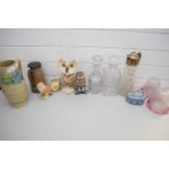 MIXED LOT GLASS AND CERAMICS TO INCLUDE DECANTERS, GLASS LIGHT SHADE, BESWICK MODEL OF AN OWL,
