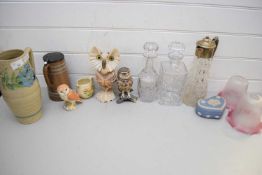 MIXED LOT GLASS AND CERAMICS TO INCLUDE DECANTERS, GLASS LIGHT SHADE, BESWICK MODEL OF AN OWL,