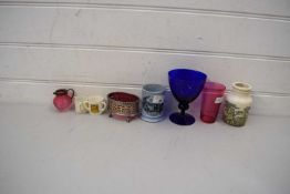 MIXED LOT BLUE GLASS WINE, SILVER PLATED MUSTARD POT WITH CRANBERRY GLASS LINER, CRANBERRY GLASS