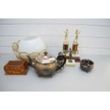 MIXED LOT VARIOUS TROPHIES, CEILING LIGHT SHADE, SILVER PLATED TEA WARES ETC