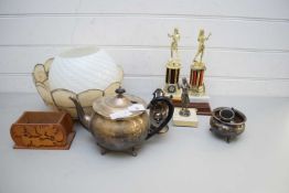 MIXED LOT VARIOUS TROPHIES, CEILING LIGHT SHADE, SILVER PLATED TEA WARES ETC