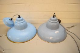 TWO BLUE ENAMELLED METAL INDUSTRIAL STYLE CEILING LIGHT FITTINGS