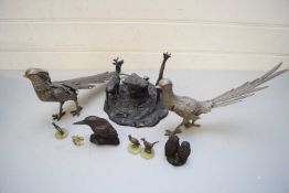 MIXED LOT: VICTORIAN PEWTER CENTREPIECE BASE TOGETHER WITH A PAIR OF SILVER PLATED PHEASANTS AND