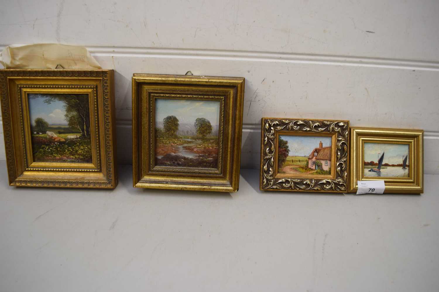 SPENCER STOCK, TWO SMALL OIL ON COPPER STUDIES, RURAL SCENES IN GILT FRAMES, TOGETHER WITH TWO