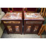 PAIR OF 20TH CENTURY CHINESE BEDSIDE CABINETS, SINGLE DRAWER AND TWO DOORS, DECORATED WITH FIGURES