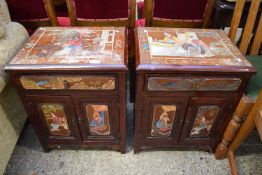 PAIR OF 20TH CENTURY CHINESE BEDSIDE CABINETS, SINGLE DRAWER AND TWO DOORS, DECORATED WITH FIGURES