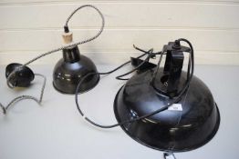 TWO BLACK ENAMELLED METAL INDUSTRIAL STYLE PENDANT LIGHT FITTINGS