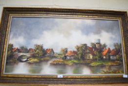 SCHOLZ (EUROPEAN CONTEMPORARY) STUDY OF A RIVERSIDE VILLAGE, OIL ON CANVAS, GILT FRAMED, 115CM WIDE