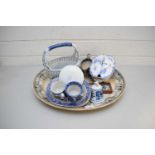 MIXED LOT VARIOUS BLUE AND WHITE CHINA WARES TO INCLUDE A LARGE OVAL MEAT PLATE, GRAVY BOAT,