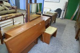 UNUSUAL STAG TEAK FINISH DRESSING TABLE WITH STOOL PLUS FOUR DRAWER BEDROOM CHEST, HEADBOARD (4)