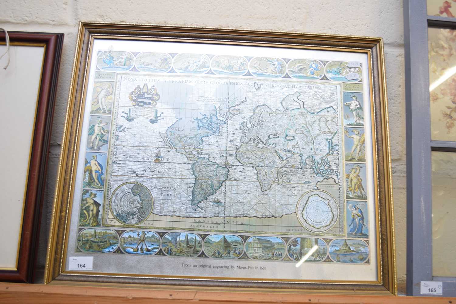 REPRODUCTION MAP OF THE WORLD AFTER MOSES PITT 1681, F/G, 58CM WIDE