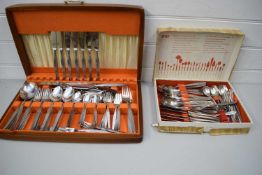 MID CENTURY CASE OF SILVER PLATED CUTLERY TOGETHER WITH FURTHER CARDBOARD CASE OF WMF CUTLERY (2)