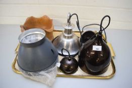 TRAY CONTAINING VARIOUS MIXED MODERN PENDANT LIGHT FITTINGS, TURNED WOODEN BOWLS ETC