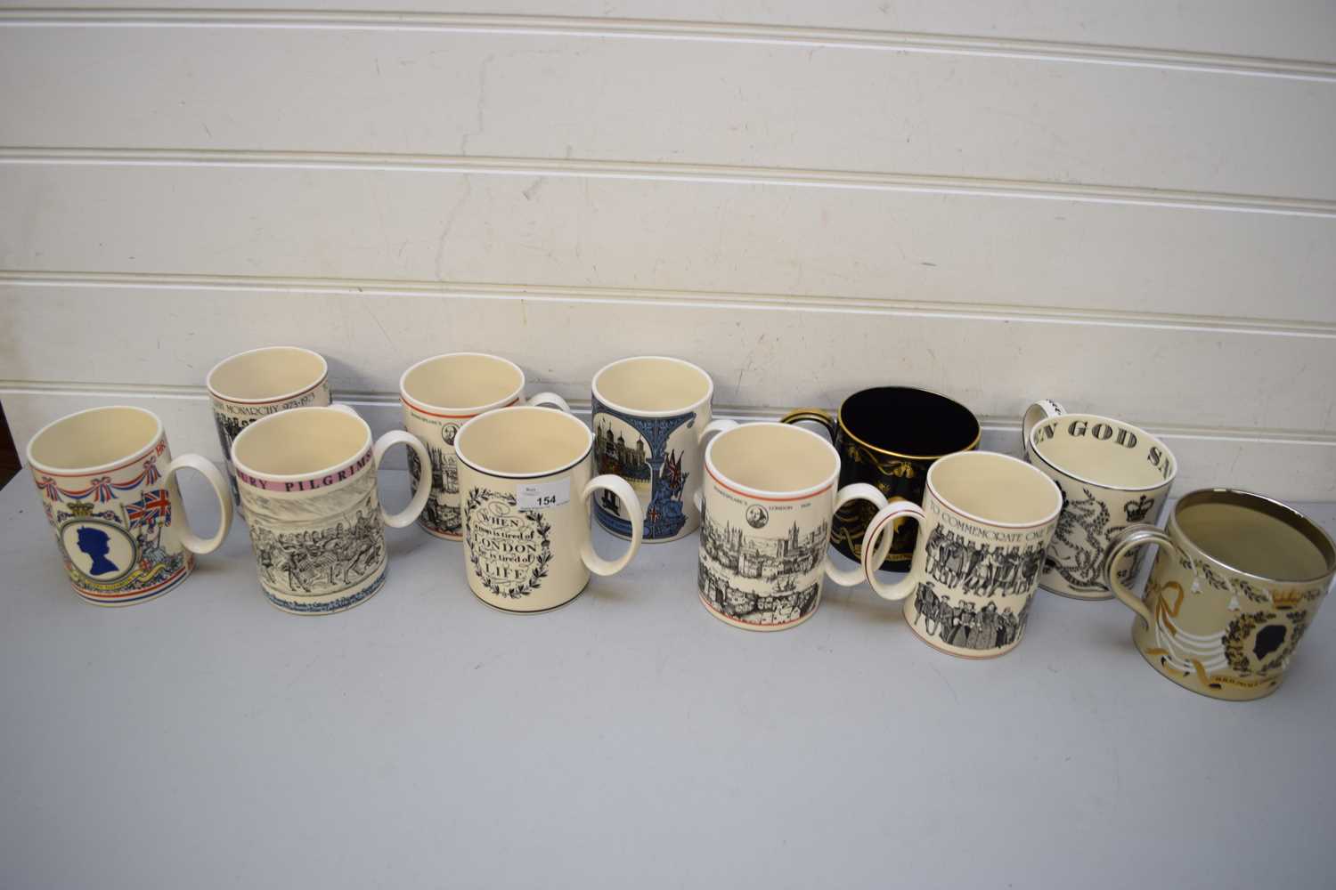 COLLECTION VARIOUS WEDGWOOD DECORATED MUGS TO INCLUDE ROYAL COMMEMORATIVE ISSUES, LONDON SCENES