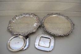 TWO SILVER PLATED SERVING TRAYS WITH FLORAL RIMS TOGETHER WITH THREE FURTHER SMALL TRAYS (5)