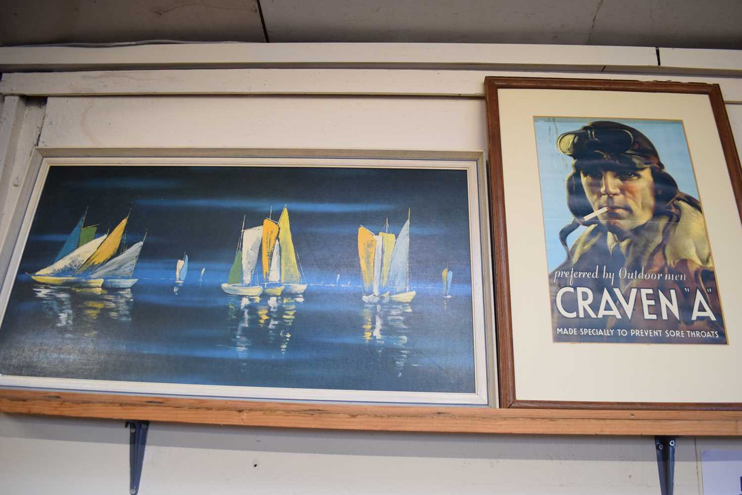 CRAVEN A CIGARETTE ADVERTISING PRINT, FRAMED, TOGETHER WITH A FURTHER ABSTRACT STUDY OF BOATS IN