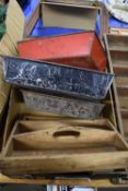 VARIOUS METAL TRAYS, WOODEN CUTLERY TRAYS, STORAGE BOXES ETC