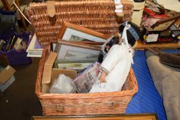 BASKET OF VARIOUS ITEMS TO INCLUDE PORCELAIN HEADED DOLL, VARIOUS PICTURES AND OTHER ITEMS